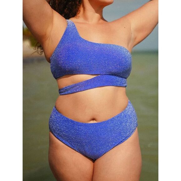 Berlook Lurex One Shoulder Bikini Top & High Waisted Bottoms Set Blue Size 16 - Picture 4 of 12
